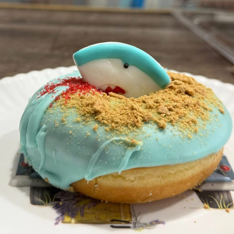 Molli's Cafe!! donut with blue icing, graham cracker crumbs, and a shark candy decoration.